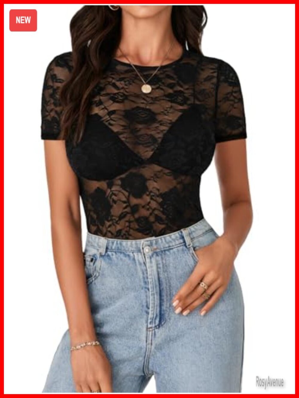 Women's Floral Lace Sheer T-Shirt Stretchy Rhinestone Blouse